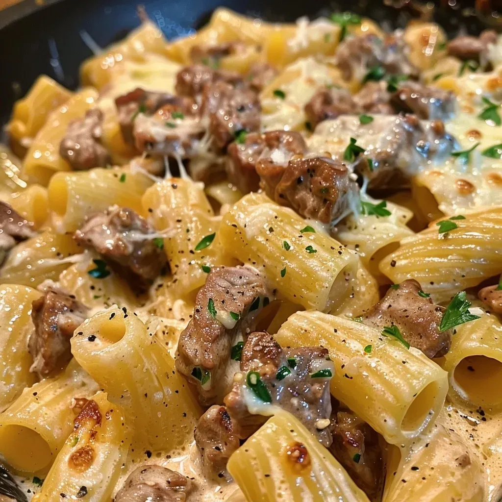 ['Close-up view of juicy beef and rigatoni pasta in creamy garlic sauce.', 'Side view of a bowl filled with beef and pasta in rich sauce, garnished with parsley.', 'Delicious serving of rigatoni with diced beef and creamy garlic sauce, showcasing textures.', 'Appetizing plate of beef with pasta in a creamy garlic sauce, beautifully presented.']