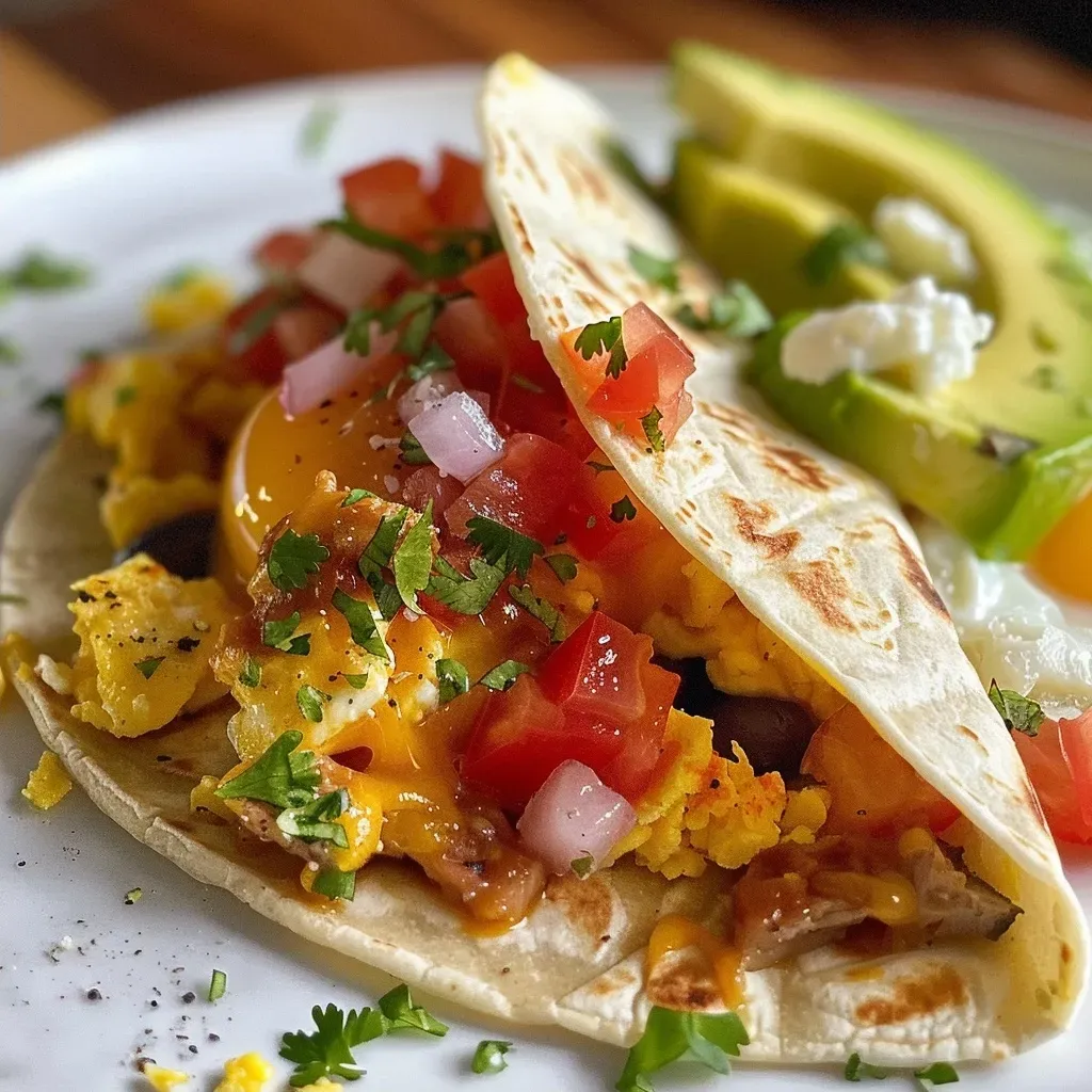 ['Close-up view of a delicious breakfast taco with ingredients displayed.', 'Side view of a juicy breakfast taco filled with eggs and chipotle sour cream.', 'Colorful breakfast taco stacked with refried beans and avocado slices.', 'Tasty breakfast taco topped with creamy chipotle sour cream and cilantro.']