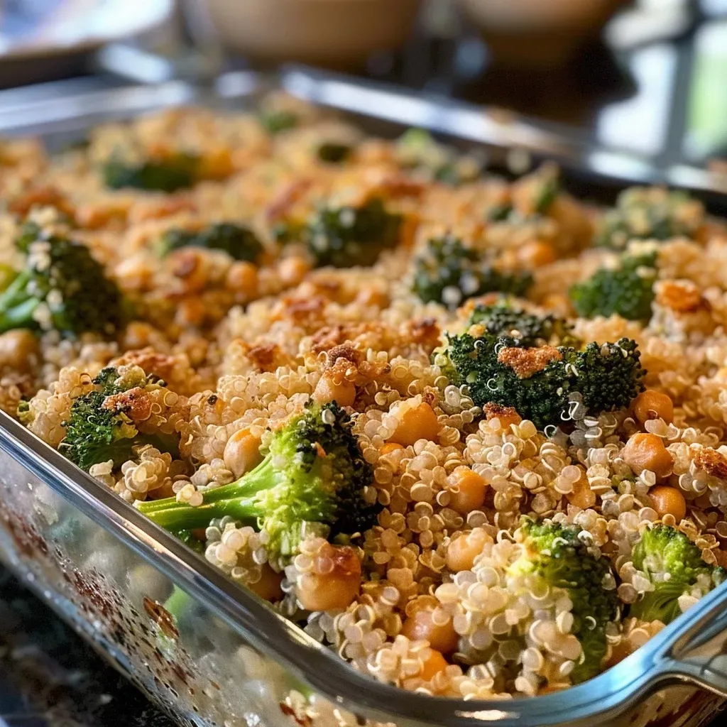 ['Close-up view of a delicious Broccoli Quinoa Casserole with a golden top.', 'Side view of a juicy Broccoli Quinoa Casserole, showcasing its green broccoli and fluffy quinoa.', 'Detailed shot of a Broccoli Quinoa Casserole, highlighting the baked texture and vibrant ingredients.', 'Appetizing image of Broccoli Quinoa Casserole with visible chickpeas and a cheesy topping.']