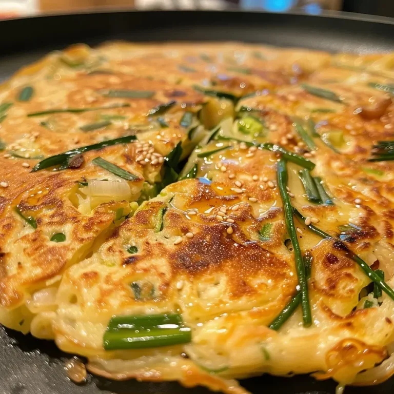 ['Close-up of golden-brown Buchjeon pancakes topped with green garlic chives.', 'Side view of crispy garlic chive pancakes presented on a white plate, garnished with onions.', 'Juicy Buchjeon pancakes with a shiny glaze, revealing the chives embedded within.', 'Detailed shot of savory garlic chive pancakes served with dipping sauce.']