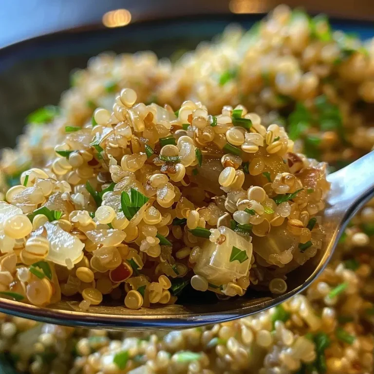 ['Close-up view of buttery garlic quinoa with visible grains and chopped onions.', 'A side view of a bowl filled with buttery garlic quinoa, highlighting the texture and garlic pieces.', 'Juicy buttery garlic quinoa garnished with fresh herbs, emphasizing the rich color and ingredients.', "Detailed shot of quinoa cooked with butter and garlic, showcasing the dish's aroma and flavor."]