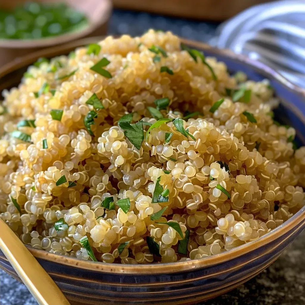 ['Close-up view of buttery garlic quinoa with visible grains and chopped onions.', 'A side view of a bowl filled with buttery garlic quinoa, highlighting the texture and garlic pieces.', 'Juicy buttery garlic quinoa garnished with fresh herbs, emphasizing the rich color and ingredients.', 