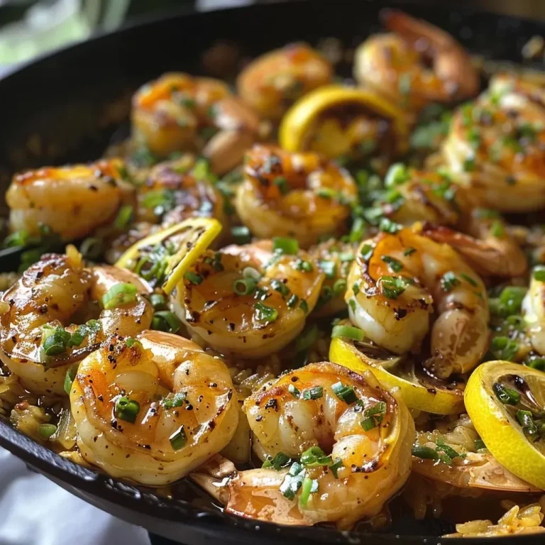 ['Close-up view of a skillet filled with charred lemon honey shrimp, garnished with green onions.', 'Juicy shrimp glistening in honey sauce with charred lemon slices, presented in a skillet.', 'Side view of a pan showcasing perfectly cooked shrimp with lemon and honey, surrounded by garnishes.', 'Detailed image of charred lemon honey shrimp in a skillet, with vibrant colors and textures.']