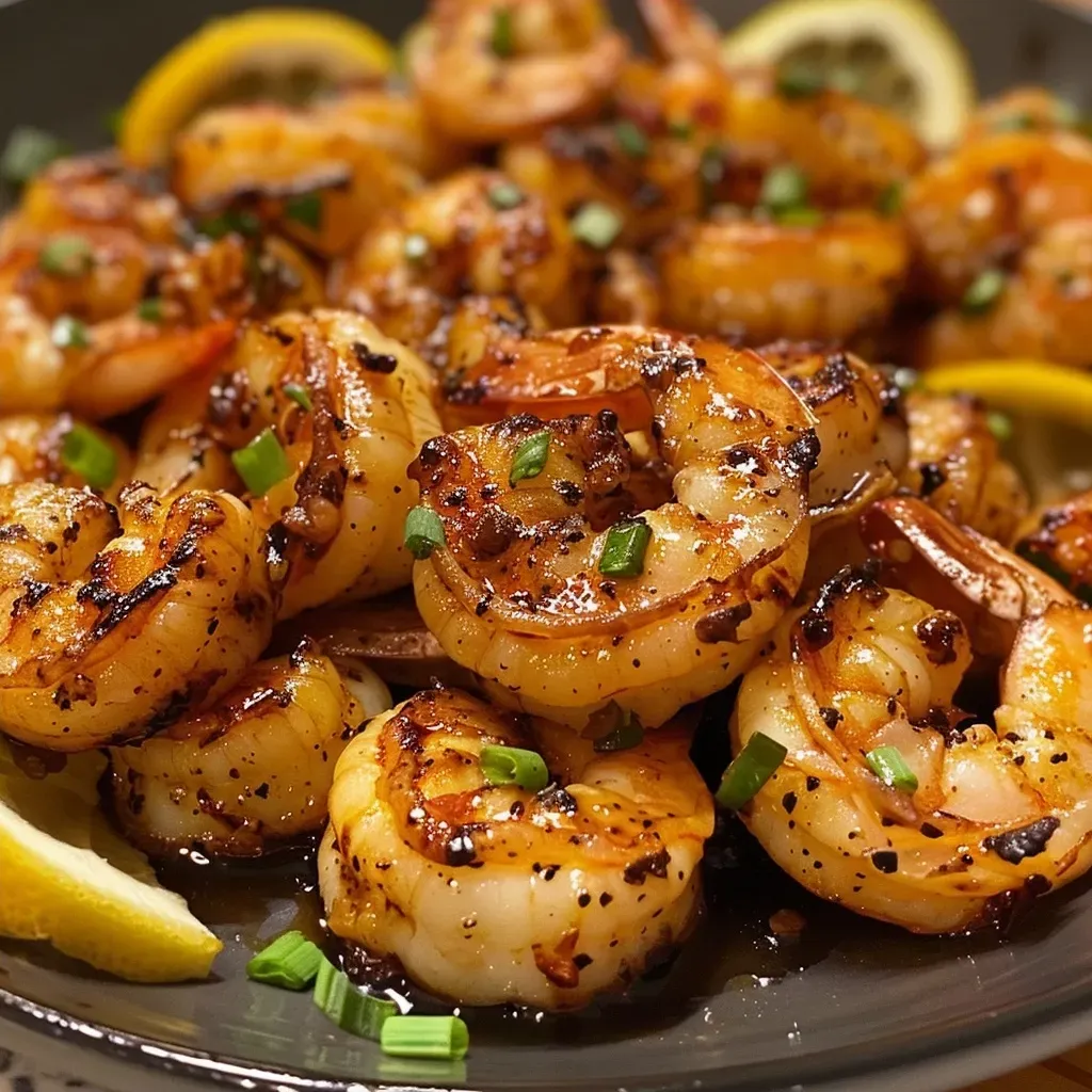 ['Close-up view of a skillet filled with charred lemon honey shrimp, garnished with green onions.', 'Juicy shrimp glistening in honey sauce with charred lemon slices, presented in a skillet.', 'Side view of a pan showcasing perfectly cooked shrimp with lemon and honey, surrounded by garnishes.', 'Detailed image of charred lemon honey shrimp in a skillet, with vibrant colors and textures.']