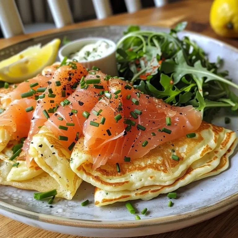 ['Close-up of Cheese & Chive Pancakes topped with smoked salmon and a dollop of soured cream.', 'Side view of fluffy Cheese & Chive Pancakes garnished with smoked salmon and fresh chives.', 'Delicious plate of Cheese & Chive Pancakes with smoked salmon, soured cream, and lemon wedges.', 'Juicy Cheese & Chive Pancakes served with thinly sliced smoked salmon and scattering of chives.']