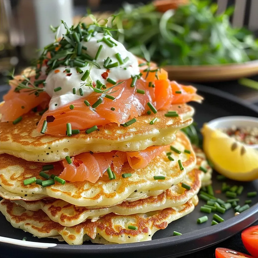 ['Close-up of Cheese & Chive Pancakes topped with smoked salmon and a dollop of soured cream.', 'Side view of fluffy Cheese & Chive Pancakes garnished with smoked salmon and fresh chives.', 'Delicious plate of Cheese & Chive Pancakes with smoked salmon, soured cream, and lemon wedges.', 'Juicy Cheese & Chive Pancakes served with thinly sliced smoked salmon and scattering of chives.']