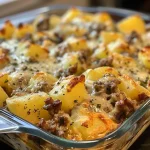 ['Close-up of a cheesy beef and potato casserole, showcasing melted cheese and tender potatoes.', 'Side view of a hearty casserole with ground beef, potatoes, and a bubbling cheese topping.', 'Juicy and golden cheesy beef and potato casserole, highlighting its creamy texture.', 'Delicious casserole featuring layers of beef, potatoes, and cheese, with a crispy edge.']