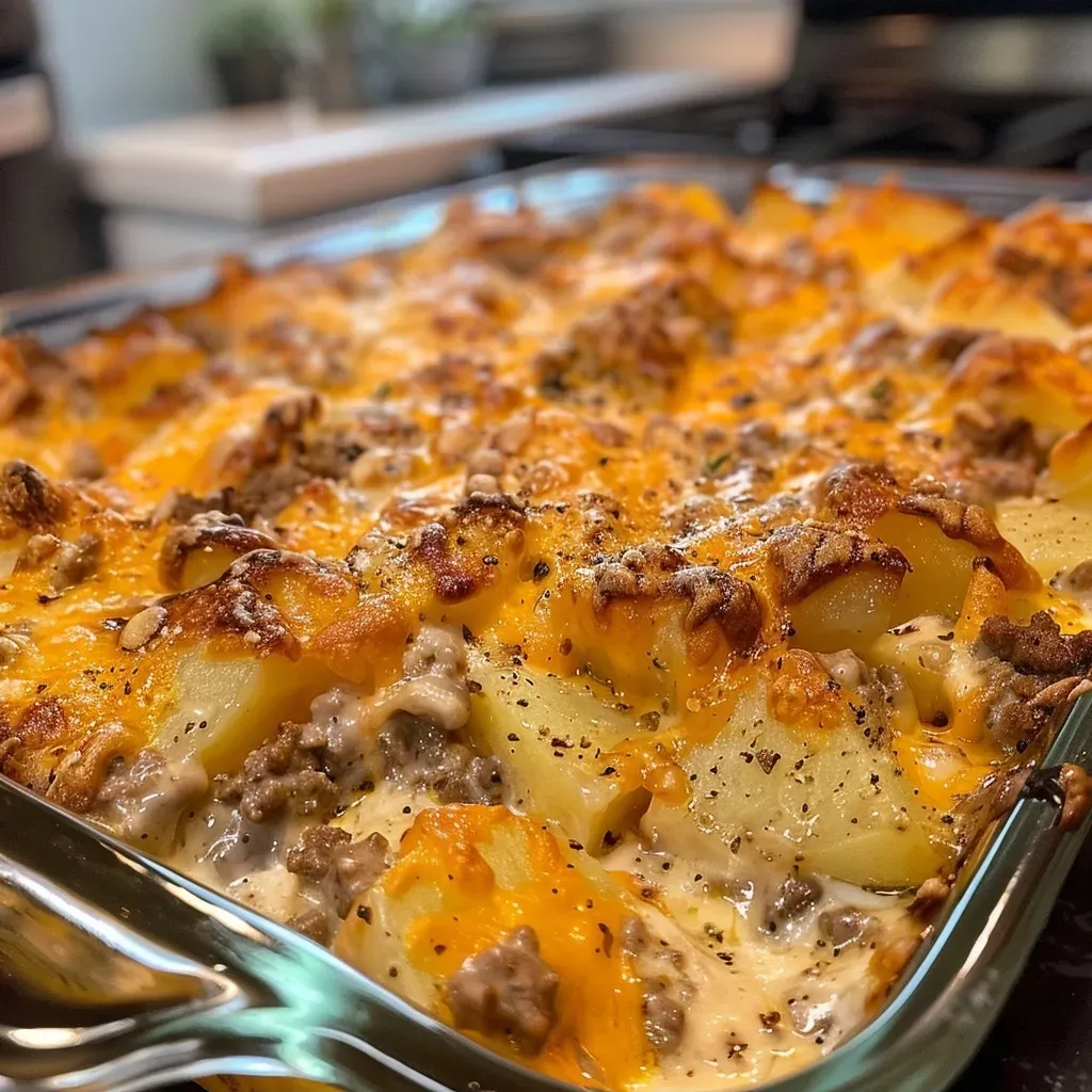['Close-up of a cheesy beef and potato casserole, showcasing melted cheese and tender potatoes.', 'Side view of a hearty casserole with ground beef, potatoes, and a bubbling cheese topping.', 'Juicy and golden cheesy beef and potato casserole, highlighting its creamy texture.', 'Delicious casserole featuring layers of beef, potatoes, and cheese, with a crispy edge.']