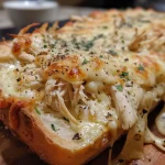 ['A close-up side view of a cheesy chicken garlic bread sandwich filled with shredded chicken and melted cheeses.', 'Juicy chicken sandwich on garlic bread showcasing layers of mozzarella and Parmesan cheese.', 'An appetizing garlic bread sandwich stuffed with cooked chicken and bubbling cheese, viewed from the side.', 'Side profile of a cheesy chicken and garlic bread sandwich, highlighting its gooey cheese and rich filling.']