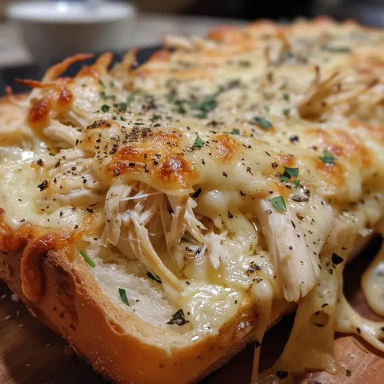 ['A close-up side view of a cheesy chicken garlic bread sandwich filled with shredded chicken and melted cheeses.', 'Juicy chicken sandwich on garlic bread showcasing layers of mozzarella and Parmesan cheese.', 'An appetizing garlic bread sandwich stuffed with cooked chicken and bubbling cheese, viewed from the side.', 'Side profile of a cheesy chicken and garlic bread sandwich, highlighting its gooey cheese and rich filling.']