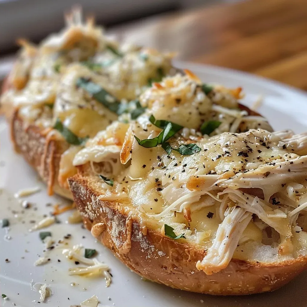 ['A close-up side view of a cheesy chicken garlic bread sandwich filled with shredded chicken and melted cheeses.', 'Juicy chicken sandwich on garlic bread showcasing layers of mozzarella and Parmesan cheese.', 'An appetizing garlic bread sandwich stuffed with cooked chicken and bubbling cheese, viewed from the side.', 'Side profile of a cheesy chicken and garlic bread sandwich, highlighting its gooey cheese and rich filling.']