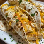 ['Juicy Cheesy Garlic Chicken Wraps neatly arranged on a wooden board.', 'Close-up view of golden brown chicken wraps with melted cheese and garlic sauce.', 'A side view of deliciously filled chicken wraps topped with parsley.', 'Mouthwatering chicken wraps with a creamy garlic drizzle on a plate.']