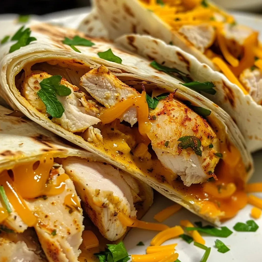 ['Juicy Cheesy Garlic Chicken Wraps neatly arranged on a wooden board.', 'Close-up view of golden brown chicken wraps with melted cheese and garlic sauce.', 'A side view of deliciously filled chicken wraps topped with parsley.', 'Mouthwatering chicken wraps with a creamy garlic drizzle on a plate.']