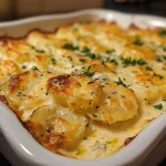 ['Close-up view of cheesy garlic scalloped potatoes in a baking dish.', 'Side view of golden-brown scalloped potatoes topped with melted cheese and garlic.', 'Juicy, layered scalloped potatoes showcasing cheese and garlic in a creamy sauce.', 'A delicious serving of cheesy garlic scalloped potatoes close-up from the side.']