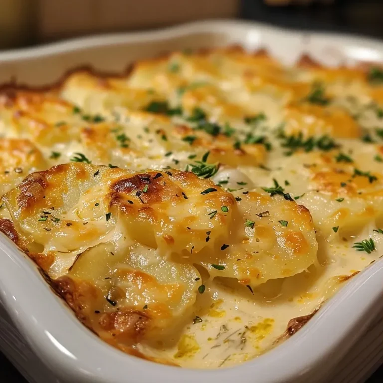 ['Close-up view of cheesy garlic scalloped potatoes in a baking dish.', 'Side view of golden-brown scalloped potatoes topped with melted cheese and garlic.', 'Juicy, layered scalloped potatoes showcasing cheese and garlic in a creamy sauce.', 'A delicious serving of cheesy garlic scalloped potatoes close-up from the side.']