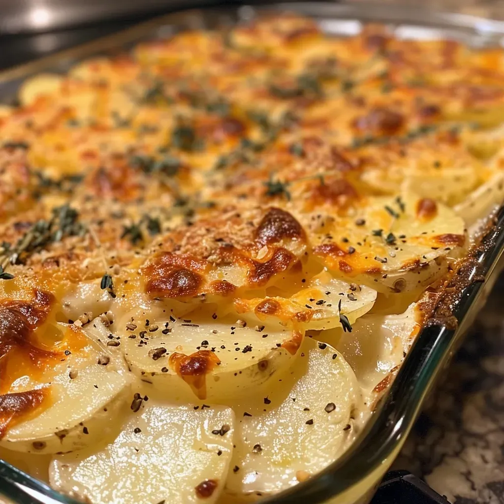 ['Close-up view of cheesy garlic scalloped potatoes in a baking dish.', 'Side view of golden-brown scalloped potatoes topped with melted cheese and garlic.', 'Juicy, layered scalloped potatoes showcasing cheese and garlic in a creamy sauce.', 'A delicious serving of cheesy garlic scalloped potatoes close-up from the side.']