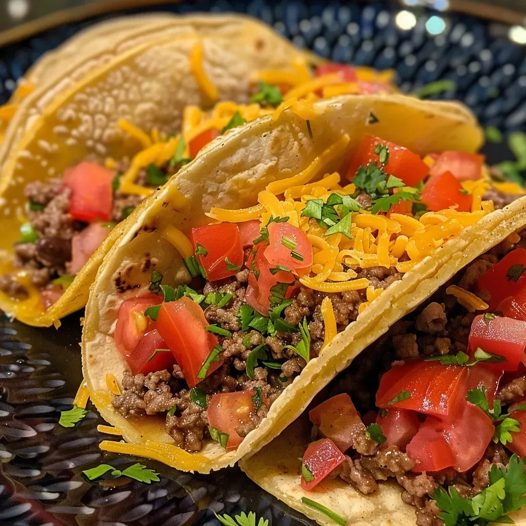 ['A close-up side view of cheesy Rotel beef tacos with vibrant toppings.', 'Juicy beef tacos filled with cheese and topped with diced tomatoes and chilies.', 'A photo showcasing cheesy beef tacos in a hard shell adorned with toppings.', 'Close perspective of savory Rotel beef tacos ready to be enjoyed.']