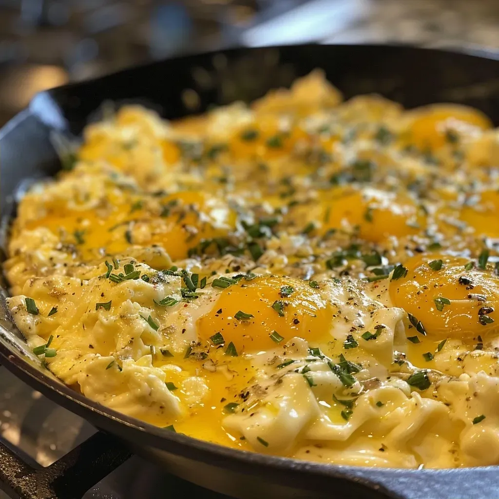 ['A close-up side view of creamy cheesy scrambled eggs on a white plate.', 'Juicy scrambled eggs with melted cheese, garnished and served on a dish.', 'Delicious cheesy scrambled eggs in a bright, inviting presentation.', 'A rich serving of scrambled eggs with a buttery yellow hue, featuring melty cheese.']