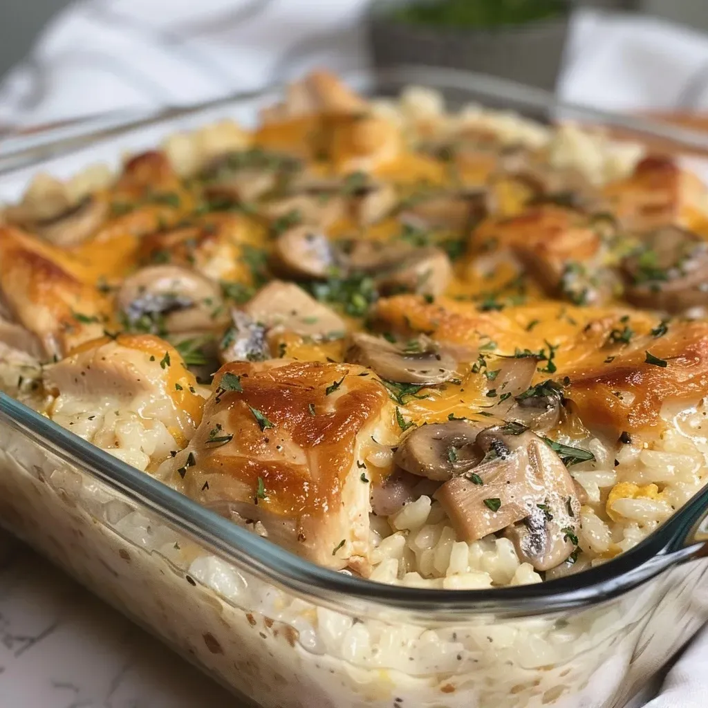 ['Close-up side view of a Chicken and Rice Casserole, showcasing its creamy texture and ingredients.', 'Juicy Chicken and Rice Casserole displayed from the side, highlighting layers of chicken, rice, and cheese.', 'Side perspective of Chicken and Rice Casserole, revealing a golden, cheesy top and colorful vegetables.', 'Detailed view of Chicken and Rice Casserole on a plate, featuring diced chicken and mixed vegetables.']