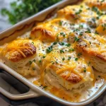 ['Close-up of Chicken Biscuit Casserole with a golden biscuit topping and chicken chunks.', 'Side view of a creamy Chicken Biscuit Casserole garnished with hot honey drizzle.', 'Juicy Chicken Biscuit Casserole showing melted cheese and flaky biscuits.', 'Detailed view of Chicken Biscuit Casserole featuring chicken pieces and a rich sauce.']