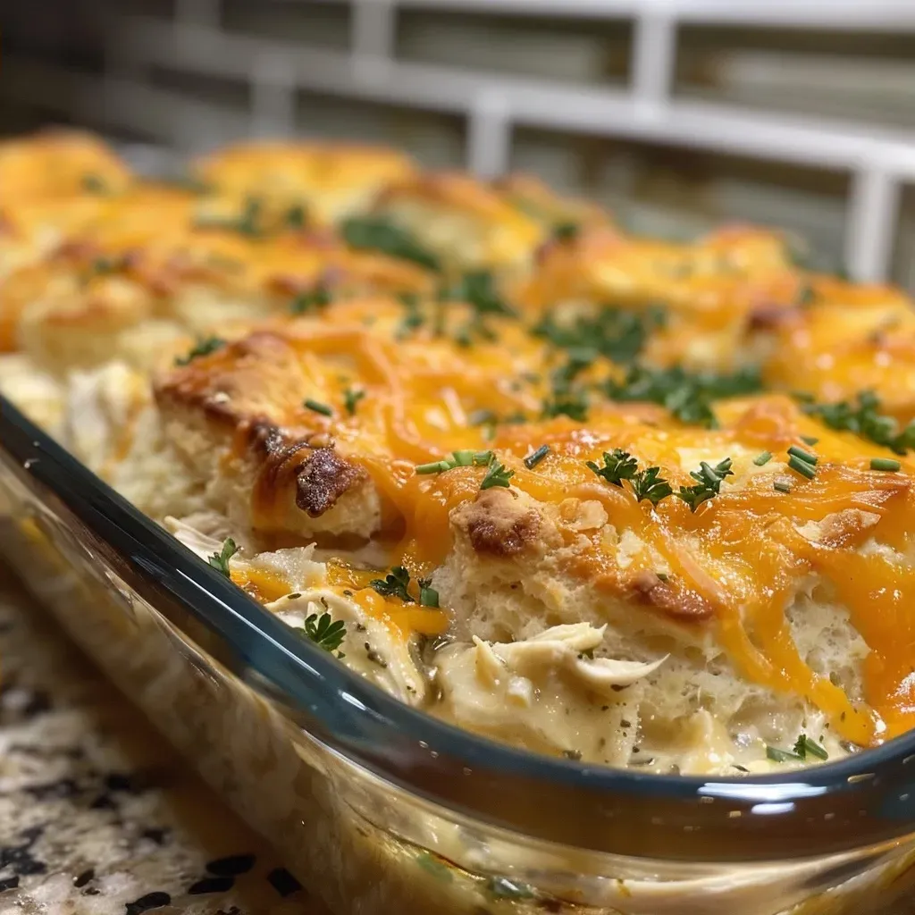 ['Close-up of Chicken Biscuit Casserole with a golden biscuit topping and chicken chunks.', 'Side view of a creamy Chicken Biscuit Casserole garnished with hot honey drizzle.', 'Juicy Chicken Biscuit Casserole showing melted cheese and flaky biscuits.', 'Detailed view of Chicken Biscuit Casserole featuring chicken pieces and a rich sauce.']