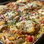 ['Close-up view of a creamy Chicken Orzo Bake with melted cheese.', 'Side shot of a cheesy Chicken Orzo Bake, garnished and bubbling.', 'Juicy Chicken Orzo Bake in a baking dish, showcasing its cheesy texture.', 'Creamy Chicken Orzo Bake with visible chicken and orzo pasta.']