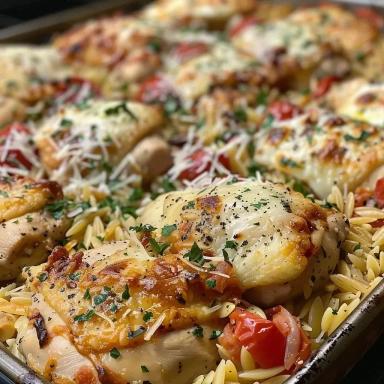 ['Close-up view of a creamy Chicken Orzo Bake with melted cheese.', 'Side shot of a cheesy Chicken Orzo Bake, garnished and bubbling.', 'Juicy Chicken Orzo Bake in a baking dish, showcasing its cheesy texture.', 'Creamy Chicken Orzo Bake with visible chicken and orzo pasta.']