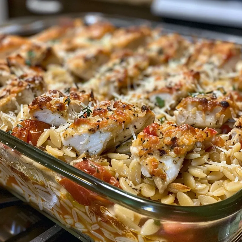 ['Close-up view of a creamy Chicken Orzo Bake with melted cheese.', 'Side shot of a cheesy Chicken Orzo Bake, garnished and bubbling.', 'Juicy Chicken Orzo Bake in a baking dish, showcasing its cheesy texture.', 'Creamy Chicken Orzo Bake with visible chicken and orzo pasta.']