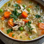 ['Close-up view of a bowl of Chicken Quinoa Soup with vibrant vegetables and herbs.', 'A side perspective of Chicken Quinoa Soup showcasing chicken, quinoa, and colorful veggies.', 'Juicy Chicken Quinoa Soup featuring carrots, peas, and garnished with fresh parsley.', 'A detailed image of a hearty Chicken Quinoa Soup highlighting its rich ingredients.']