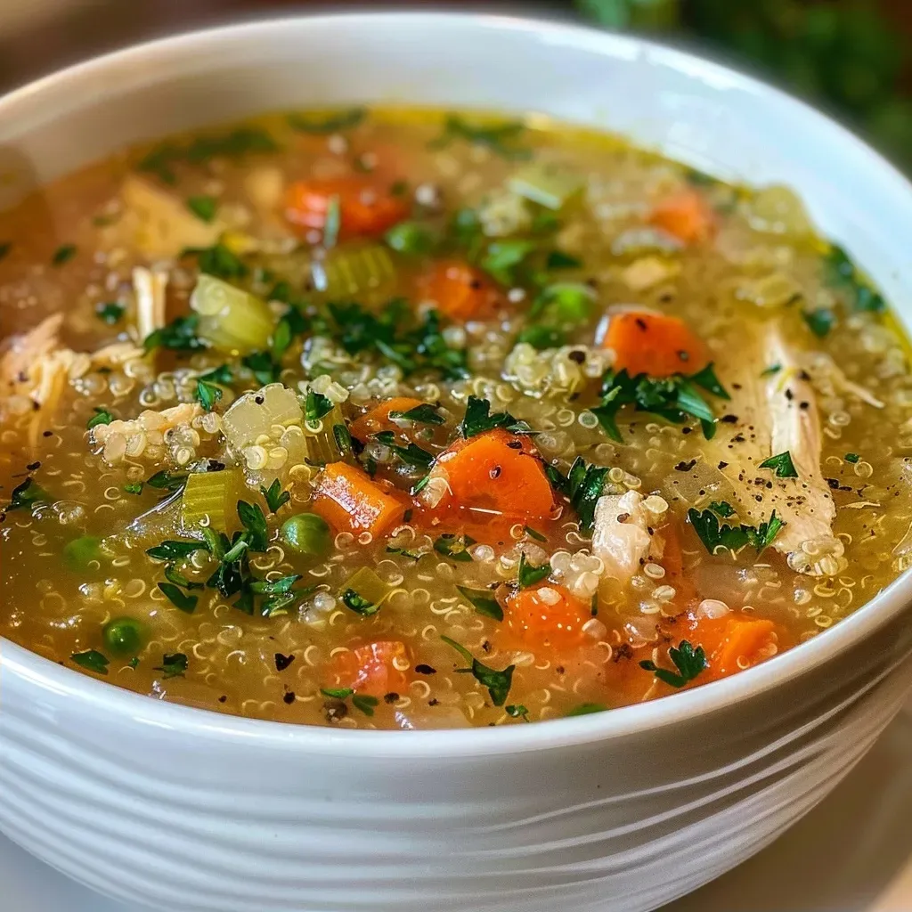['Close-up view of a bowl of Chicken Quinoa Soup with vibrant vegetables and herbs.', 'A side perspective of Chicken Quinoa Soup showcasing chicken, quinoa, and colorful veggies.', 'Juicy Chicken Quinoa Soup featuring carrots, peas, and garnished with fresh parsley.', 'A detailed image of a hearty Chicken Quinoa Soup highlighting its rich ingredients.']