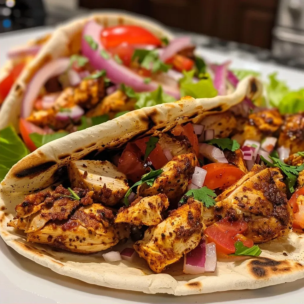 ['A close-up view of a juicy chicken shawarma wrap with vibrant fresh ingredients.', 'Side view of a delicious chicken shawarma served in pita, showcasing sliced meat and veggies.', 'A flavorful chicken shawarma dish featuring tender chicken, fresh toppings, and creamy sauce.', 'Close-up of a chicken shawarma with colorful vegetables, drizzled with sauce in a soft pita.']