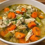 ['Close-up of a bowl of chicken soup garnished with dill and fresh vegetables.', 'Side view of a steaming bowl of chicken soup with dill, showcasing chicken and herbs.', 'Detailed view of chicken soup with dill, featuring chunks of chicken and vibrant vegetables.', 'Bowl of homemade chicken soup with dill, highlighting the fresh ingredients and texture.']