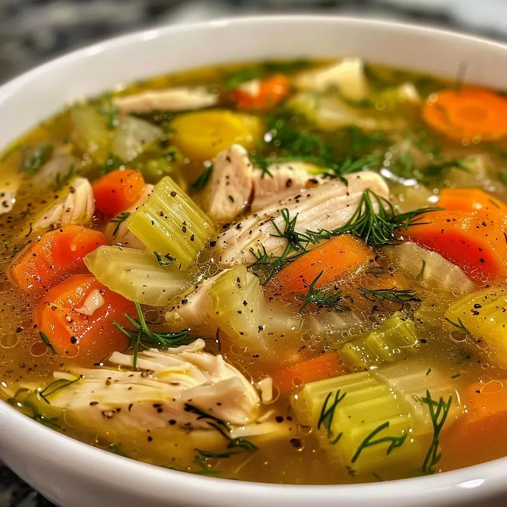 ['Close-up of a bowl of chicken soup garnished with dill and fresh vegetables.', 'Side view of a steaming bowl of chicken soup with dill, showcasing chicken and herbs.', 'Detailed view of chicken soup with dill, featuring chunks of chicken and vibrant vegetables.', 'Bowl of homemade chicken soup with dill, highlighting the fresh ingredients and texture.']