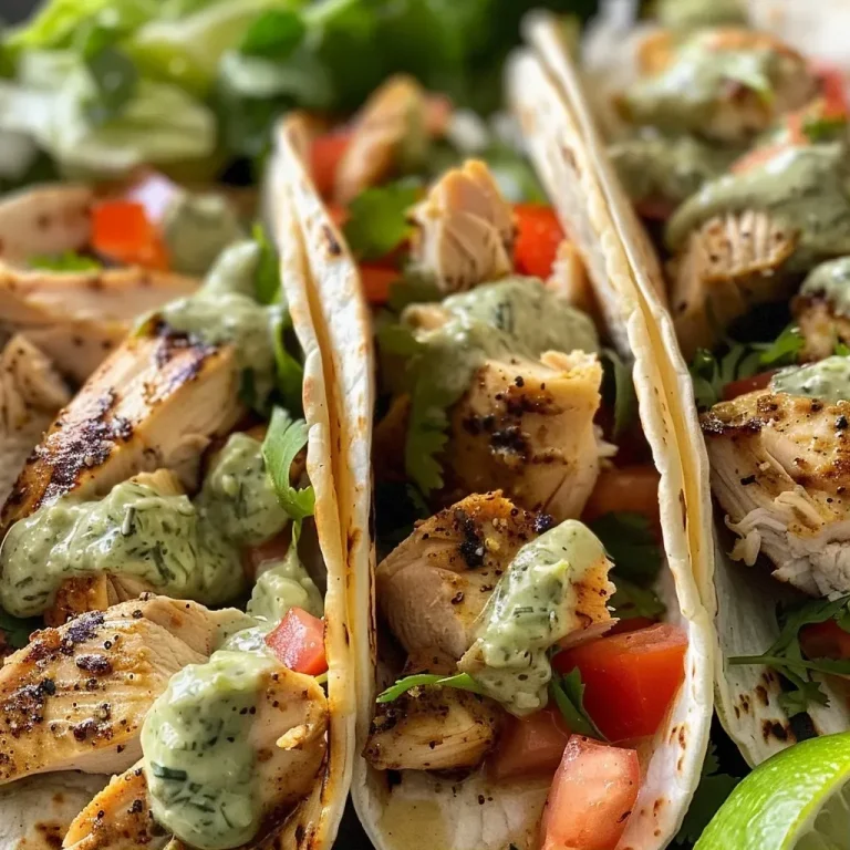 ['Juicy chicken tacos topped with creamy cilantro sauce, served on a colorful plate.', 'Close-up of delicious chicken tacos garnished with avocado and cilantro sauce.', 'A mouthwatering display of chicken tacos with fresh ingredients and creamy sauce.', 'Side view of chicken tacos with cilantro sauce, showcasing vibrant toppings.']