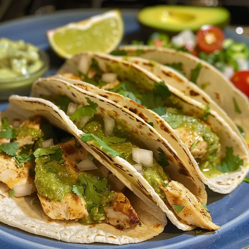 ['Juicy chicken tacos topped with creamy cilantro sauce, served on a colorful plate.', 'Close-up of delicious chicken tacos garnished with avocado and cilantro sauce.', 'A mouthwatering display of chicken tacos with fresh ingredients and creamy sauce.', 'Side view of chicken tacos with cilantro sauce, showcasing vibrant toppings.']