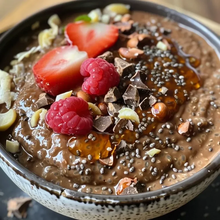 ['Close-up of creamy chocolate chia pudding in a glass bowl.', 'Side view of rich chocolate chia pudding topped with cacao.', 'Smooth chocolate chia pudding with a spoon resting beside it.', 'Delicious chocolate chia pudding with a glossy finish in a dish.']