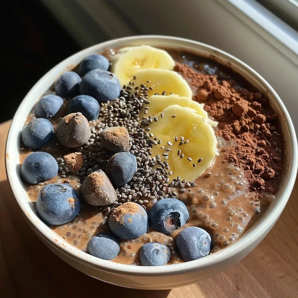['Close-up of creamy chocolate chia pudding in a glass bowl.', 'Side view of rich chocolate chia pudding topped with cacao.', 'Smooth chocolate chia pudding with a spoon resting beside it.', 'Delicious chocolate chia pudding with a glossy finish in a dish.']