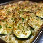['Close-up of a golden-brown courgette and rice bake in a dish.', 'Side view of a delicious courgette rice bake with melted cheese on top.', 'Juicy courgette and rice bake, showcasing the grated courgette and cheese layers.', 'Gourmet dish of courgette and rice bake, freshly baked with herbs on top.']