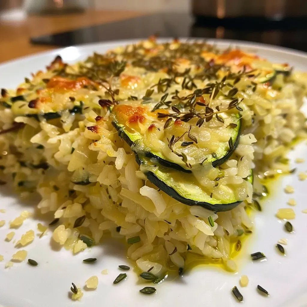 ['Close-up of a golden-brown courgette and rice bake in a dish.', 'Side view of a delicious courgette rice bake with melted cheese on top.', 'Juicy courgette and rice bake, showcasing the grated courgette and cheese layers.', 'Gourmet dish of courgette and rice bake, freshly baked with herbs on top.']