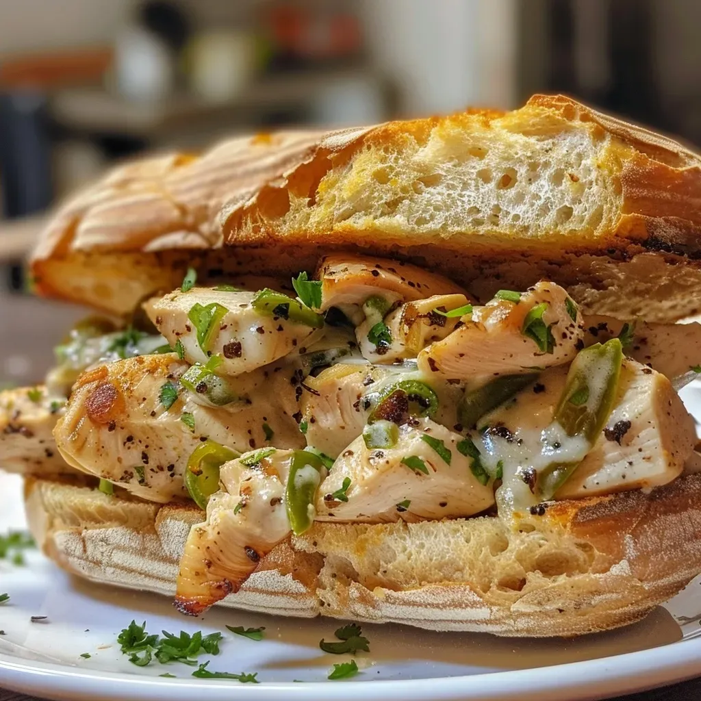 ['Close-up view of a juicy Cream Cheese Chicken Sandwich with visible chicken strips and cream cheese.', 'Side angle of a Cream Cheese Chicken Sandwich showcasing the layers of chicken, cream cheese, and fresh bread.', 'Detailed shot of a Cream Cheese Chicken Sandwich highlighting the creamy filling and garnished with coriander.', 'Appetizing close-up of a Cream Cheese Chicken Sandwich emphasizing its fresh ingredients and textures.']