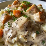 ['Close-up view of creamed turkey served over fluffy mashed potatoes.', 'Creamy turkey sauce atop smooth mashed potatoes, garnished for presentation.', 'Juicy chunks of turkey in a rich white sauce on a bed of mashed potatoes.', 'A delicious portion of creamed turkey on mashed potatoes, showcasing the texture.']