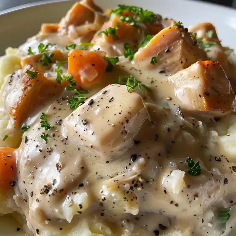 ['Close-up view of creamed turkey served over fluffy mashed potatoes.', 'Creamy turkey sauce atop smooth mashed potatoes, garnished for presentation.', 'Juicy chunks of turkey in a rich white sauce on a bed of mashed potatoes.', 'A delicious portion of creamed turkey on mashed potatoes, showcasing the texture.']