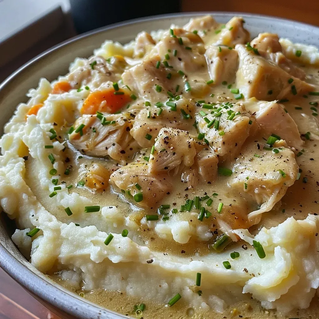 ['Close-up view of creamed turkey served over fluffy mashed potatoes.', 'Creamy turkey sauce atop smooth mashed potatoes, garnished for presentation.', 'Juicy chunks of turkey in a rich white sauce on a bed of mashed potatoes.', 'A delicious portion of creamed turkey on mashed potatoes, showcasing the texture.']