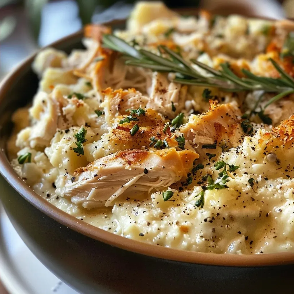 ['Close-up view of a bowl of creamed turkey served over toasted bread.', 'Side view of creamy turkey mixture on a biscuit, highlighting its texture.', 'A delicious serving of creamed turkey with herbs, shown from the side.', 'Creamed turkey dish in a bowl, with toast and garnishes on display.']