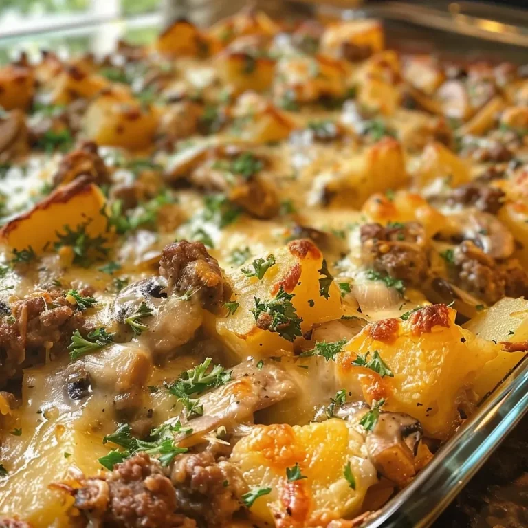 ['Close-up side view of a creamy beef and potato casserole in a baking dish.', 'Juicy beef and potato casserole with melted cheese on top, captured in natural light.', 'A delicious casserole featuring layers of ground beef, potatoes, and creamy sauce.', 'Savory beef and potato dish displayed in a rustic kitchen setting.']