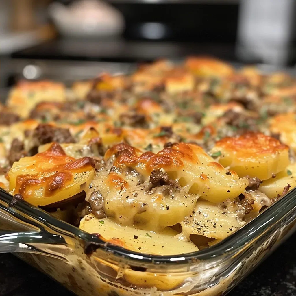 ['Close-up side view of a creamy beef and potato casserole in a baking dish.', 'Juicy beef and potato casserole with melted cheese on top, captured in natural light.', 'A delicious casserole featuring layers of ground beef, potatoes, and creamy sauce.', 'Savory beef and potato dish displayed in a rustic kitchen setting.']