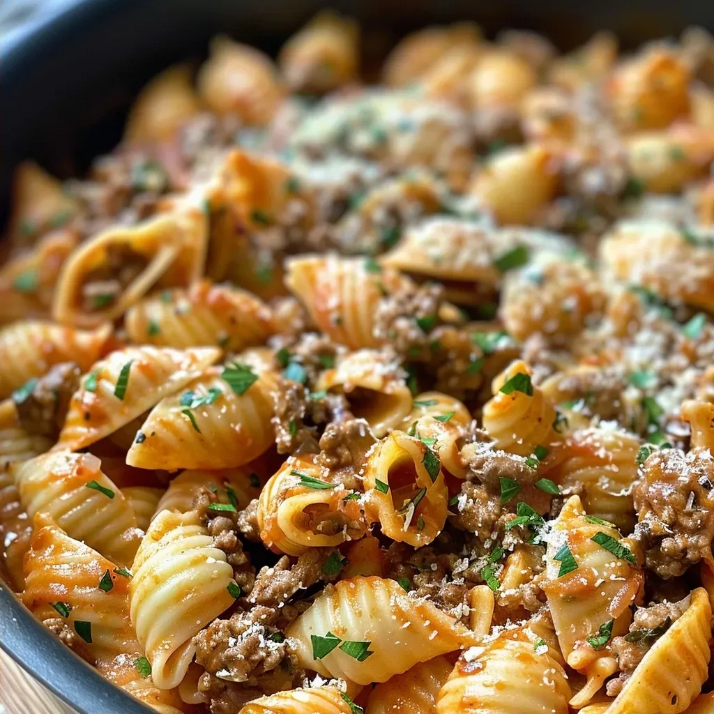 ['Close-up view of Creamy Beef and Shells in a bowl, showcasing pasta shells, ground beef, and creamy sauce.', 'Side angle image of a hearty dish of Creamy Beef and Shells, highlighting its creamy texture and garnishes.', 'Close-up shot featuring Creamy Beef and Shells plated, emphasizing the blend of pasta and rich sauce.', 'A mouthwatering side view of Creamy Beef and Shells, displaying juicy beef and pasta in a creamy sauce.']
