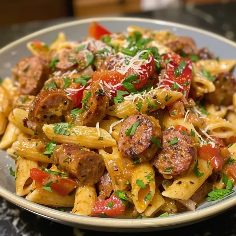 ['A vibrant plate of creamy Cajun sausage pasta with colorful bell peppers and garnished with parsley.', 'Close-up view of rich, creamy Cajun pasta featuring slices of smoked sausage and fresh spinach.', 'A side view of creamy pasta dish, showcasing the texture and ingredients like sausage, peppers, and Parmesan.', 'An appetizing bowl of creamy Cajun sausage pasta, highlighting the creamy sauce and vegetables.']