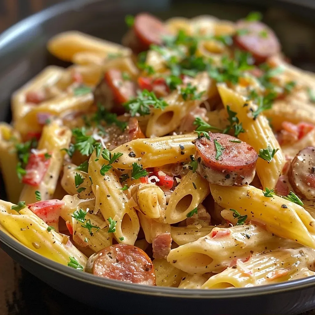A vibrant plate of creamy Cajun sausage pasta with colorful bell peppers and garnished with parsley.