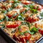 ['Close-up view of a creamy Caprese quinoa bake filled with melted cheese and tomatoes.', 'Side view of a creamy quinoa bake topped with mozzarella, grape tomatoes, and basil.', 'Juicy Caprese quinoa bake showcasing layers of cheese and vibrant tomatoes.', 'A rich, creamy quinoa dish featuring fresh basil and colorful ingredients.']